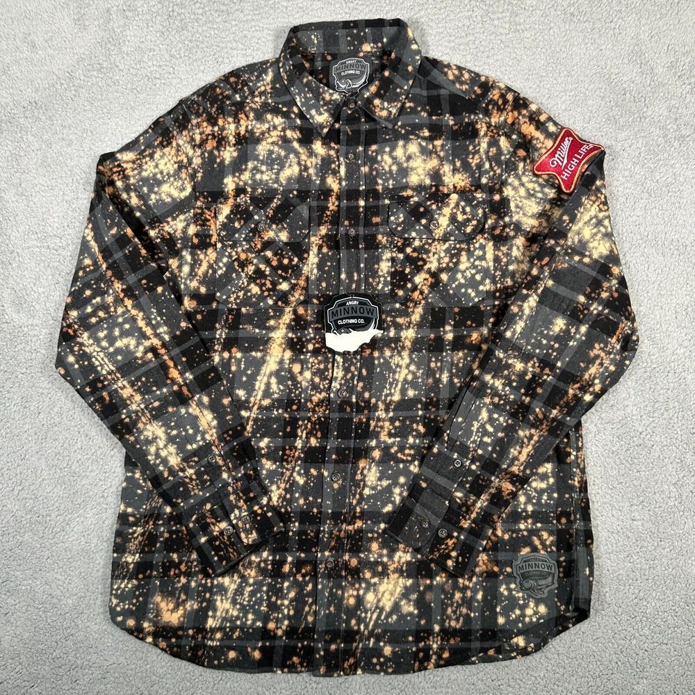 Angry Minnow Flannel Shirt Mens‎ Large Gray Black Plaid Miller Beer Bleach New